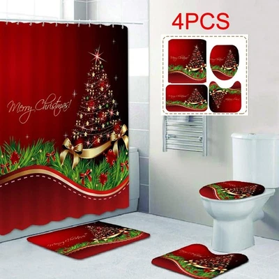 Merry Christmas Bathroom Set Christmas Tree Pattern Shower Curtain Home Decor 4X - Image 1 of 4