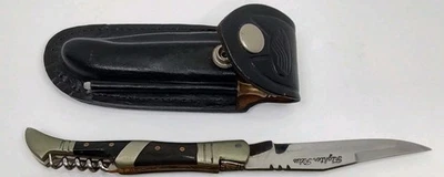VINTAGE FIGHTER PLUS STELLETO FOLDING KNIFE W/ HONING ROD & BLACK LEATHER SHEATH - Image 1 of 4