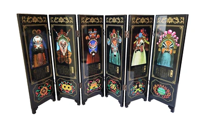 Peking Opera Masks Mini 6-Panel Wood Folding Screen Black Lacquer, Chinese Opera - Image 1 of 4