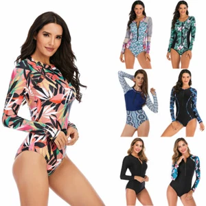 Women Long Sleeve Padded One Piece Swimwear Beach UV Protection Surfing Swimsuit - Picture 1 of 14