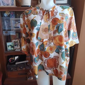 XL Vintage 1960's Blouse Top Floral Print Tie Neck Button Closure Donna Lee - Picture 1 of 8