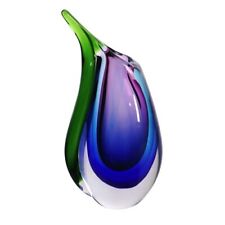 9.5 inch Hand Blown Multicolor Sommerso Teardrop Art Glass Vase w/ Angled Lip 
