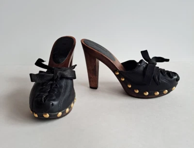 Sandalias Miu Miu Zapatos Cuero Negro con Suela de Madera Talla 35.5 Foto 1 de 4