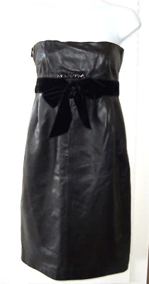 Vestido VALENTINO Vintage Negro Piel de Cordero Cuero Terciopelo Lazo Sin Tirantes 4 Foto 1 de 2