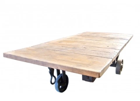 Antique Factory Cart Coffee Table Wrought Iron Wheels 4086 Cover