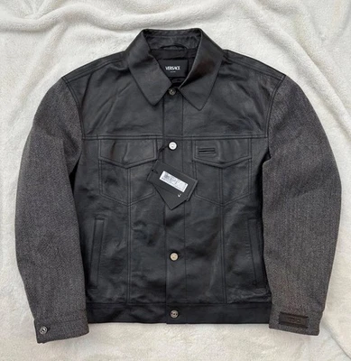 Versace Black Leather/Wool Panelled Button Coat Jacket - $3500 - New - Authentic - Image 1 of 4