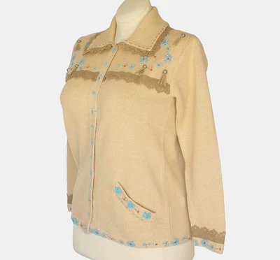 Storybook Knits Sweater NEW w/ Tags Cardigan Tan Turquoise Fringe Womens XS - Image 1 of 4