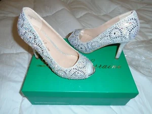 Lauren Lorraine Paula-2 Rhinestone Embroidered Peep Toe Silver Sparkle Pumps - Picture 1 of 5