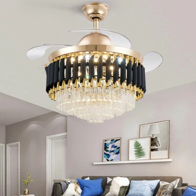 Lámpara de ventilador de techo invisible de cristal dorado de lujo de 42" con control remoto LED Foto 1 de 4