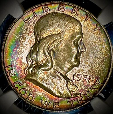 1958-D Franklin Half Dollar MS66+ FBL NGC with Rainbow Toning  - Image 1 of 4