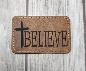 Believe Cross - Faux Leather Iron-on Patches - Brown 2"x3" - Picture 1 of 2