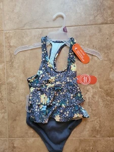 Wonder Nation Girls 2 Piece Swimming Suit Navy Blue/Flowers Size 6/6X - Picture 1 of 2
