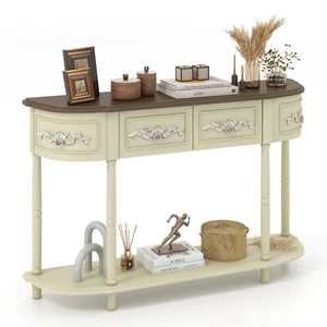 52" Vintage Couch Table Half-moon Entryway Table w/ Open Shelf, Solid Wood Legs - Picture 1 of 8