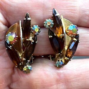 Vintage WEISS Earrings Dark Amber Topaz Navettes Aurora Borealis Gold Tone Clip