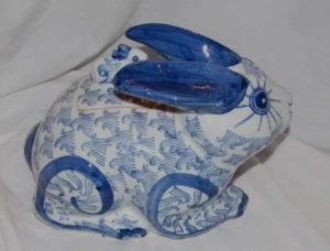 Porcelain  Rabbit Blue and white  figurine container  Bunny 9x6" - Picture 1 of 2