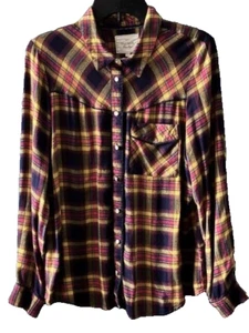 Falmer Heritage L Western Navy Blue Yellow Plaid Long Sleeve Pearl Button Shirt - Picture 1 of 10
