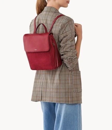 Fossil Claire Dark Red Leather & Suede Backpack SHB3045627 Retail Y
