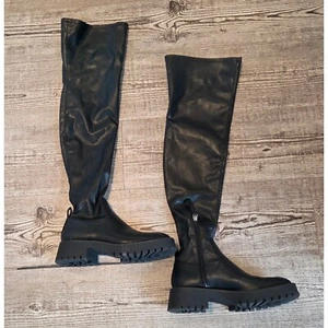 Zara Over The Knee Boots Lug Sole Chunky Heel Black Boots Size 37 - Picture 1 of 7