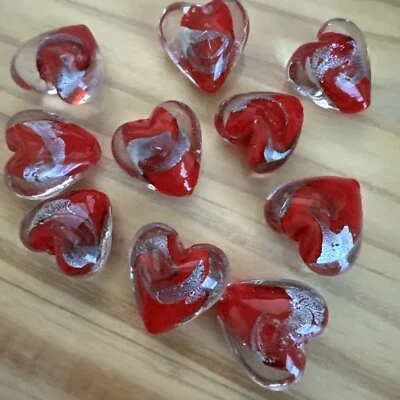 10  RED SILVER FOIL   LAMPWORK HEART BEADS 20mm - Assorted  DIY JEWELRY MAKING - Image 1 of 4