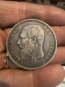 1869 Belgium Silver 5 Francs Coin KM #24 Beautiful Silver Coin #1245 - Picture 1 of 2