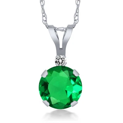 0.79 Ct Round Green Simulated Emerald White Diamond 14K White Gold Pendant - Image 1 of 4