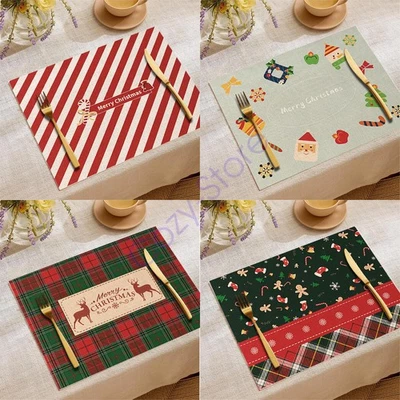 4x Christmas Xmas Linen Table Place Mats Seasonal Non-Slip Heat Resistance Decor - Image 1 of 4