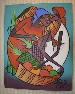 Primitive Abstract Haiti Fruit Folk Art Fritz Rock Signed Original Painting VTG - Bild 1 von 9