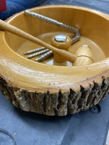 Vintage Mid Century Rustic Bark Wood Nut Bowl Christmas  Holiday Dish Nutcracker - Picture 1 of 9
