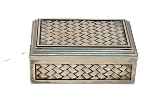 Silver Plated Box Hinged Lid Trinket Box Basket Weave Design 4” x 2.5” Flip Top - Picture 1 of 7