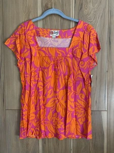 Hilo Hattie Blouse Womens Size L Hawaiian Flutter Short Sleeve Orange Pink Rayon - Picture 1 of 6