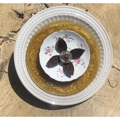 Arte de jardim de vidro reaproveitado apanhador de sol flor escultura feita à mão porcelana vintage OOAK - Imagem 1 de 4