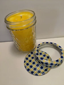 Unscented Yellow Jar Candle Yellow Blue Checked Lid Paraffin Wax hand poured New - Picture 1 of 3
