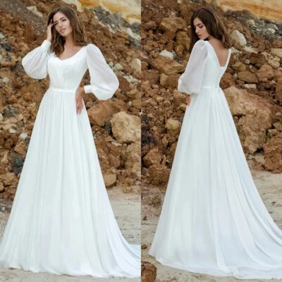 Elegant Chiffon A-Line Wedding Dress V-Neck Puffy Long Sleeved Beach Bridal Gown - Image 1 of 4