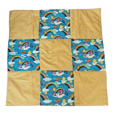 Edredón vintage de oso y guinga amarilla 39" cuadrado floral trasero habitación de muñecas Foto 1 de 4