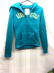 "SUDADERA CON CAPUCHA PARA NIÑAS AEROPOSTALE CON CREMALLERA CHAQUETA DE LANA AZUL VERDOSO TALLA S/P34" - Imagen 1 de 12