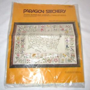Open Vintage Paragon Stitchery United States Flower Map Sampler Embroidery Kit
