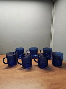 Vintage Arcoroc France Swirl Style Cobalt Blue 10oz Coffee Mug / Cup 7 Piece Set - Picture 1 of 9