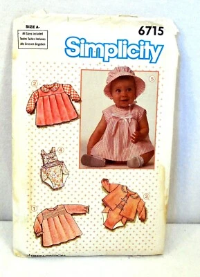 Vintage 80s Pattern Simplicity 6715 Baby Layette Dress Romper Bonnet NB-18m UC - Image 1 of 3