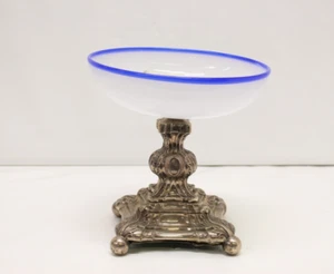 Antique Opaline Blue & Milk Glass Stand Vase w/ Sterling Silver Stand -E2 - Picture 1 of 18