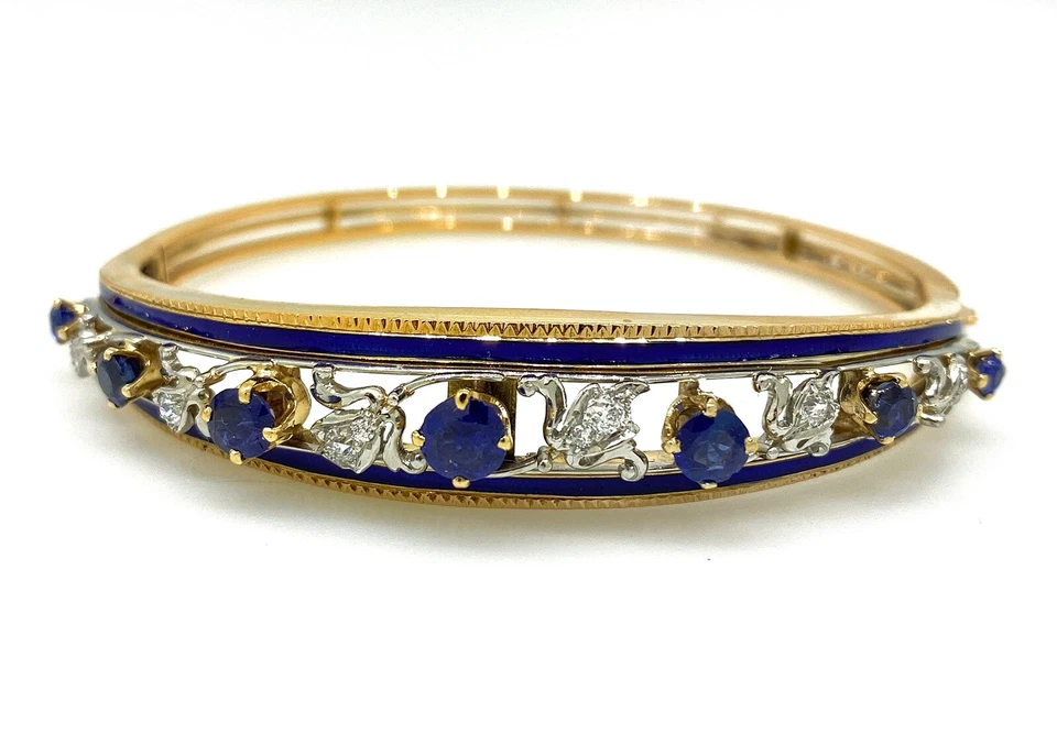 Vintage Diamond, Sapphire and Enamel Bangle Bracelet in14k Gold- HM1123SB - Image 1 of 4