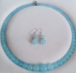 6-14mm Brazilian Blue Aquamarine Gemstone Round Beads Necklace 18'' Earrings Set