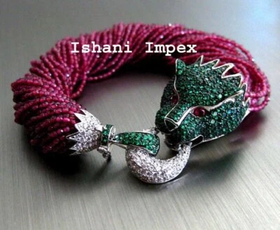 Natural Rosecut Diamond & Ruby , Green Quartz 925 Sterling Silver Bracelet - Image 1 of 4