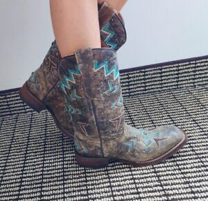 Corral Cowgirl Boots Bronze & Turquoise Aztec Square ToeKids 4.5 Women's 6 6.5