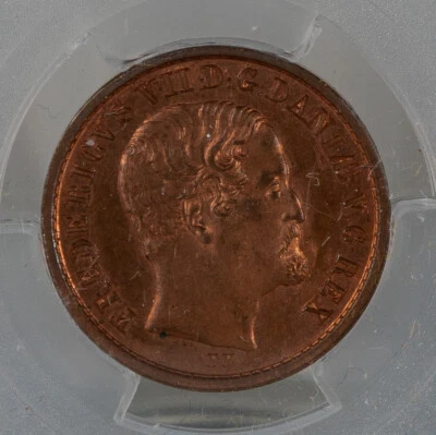 Denmark 1853 Rigsbankskilling PCGS MS65 RED, Blazing Orange Toning !! - Image 1 of 4