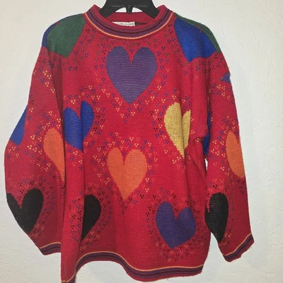 Suéter Tejido Punto Estampado Corazón Cuello Redondo ROJO Punto de Referencia Vintage Talla Grande Foto 1 de 4
