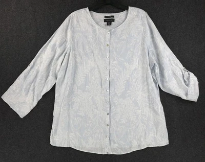 Tahari Shirt Women's Size 1X Linen Blue Button Down Roll Tab Lightweight Fern - Image 1 of 4