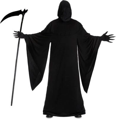Men`s Grim Reaper Costume Adult Scary Hooded Death Robe & Gloves Halloween - Image 1 of 4