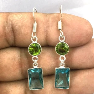 925 Sterling Silver Blue Topaz & Peridot Bezel Earrings Fest Gift Women BES-1194 - Picture 1 of 7
