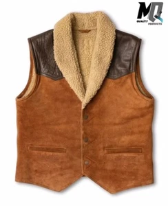 Men's Brown Geniune Sheepskin Shearling Vest Real Fur Leather Winter Waistcoat - Picture 1 of 4