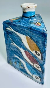 Antique Islamic 3-Sided Glazed Ceramic Bottle Hand-Painted Enamel Fish H 17.5 cm - Picture 1 of 4